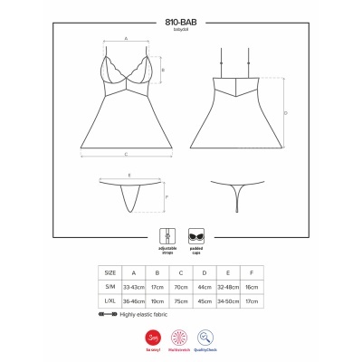 Desenho técnico de baby doll feminino com tabela de medidas