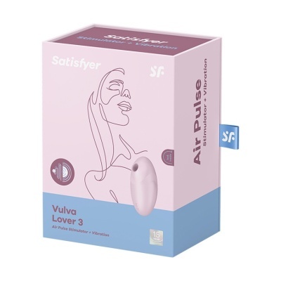Caixa rosa e azul do estimulador Satisfyer Air Pulse Vulva Lover 3 com design minimalista e texto na embalagem
