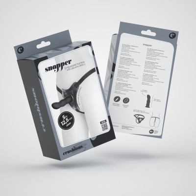 Embalagem de produto snapper em cinza, branco e preto com texto e gráficos