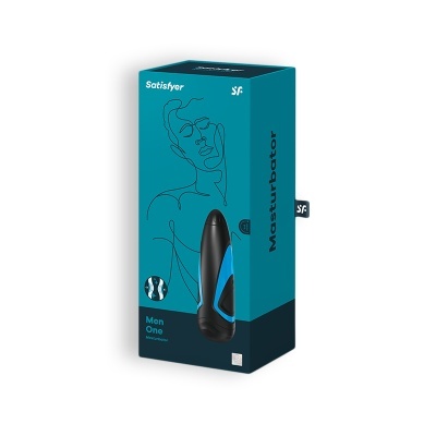 Embalagem azul e preta com masturbador masculino e texto Satisfyer, SF, Masturbator, Men One