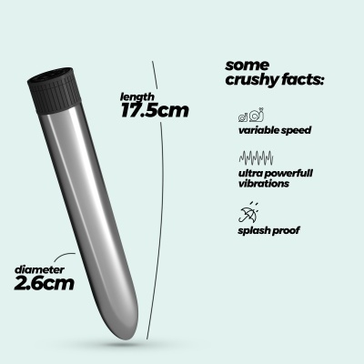 Vibrador cilíndrico prateado com tampa preta e características descritas em texto