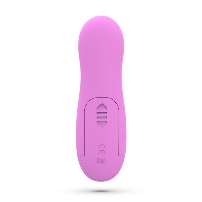 Vibrador cor-de-rosa com controlo e símbolos numa superfície branca