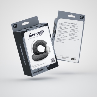 Caixa e embalagem do produto 'core cuffs' com algemas de pelúcia cinzentas