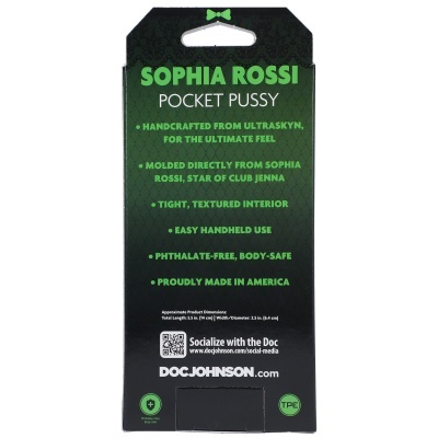 Embalagem preta com texto verde e branco do produto Sophia Rossi Pocket Pussy