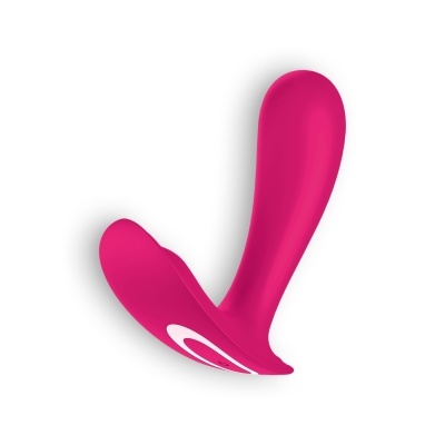 Vibrador rosa em silicone com design curvo sobre fundo branco