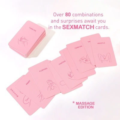 Cartas rosas do jogo SEXMATCH sobre fundo branco com texto promocional em rosa