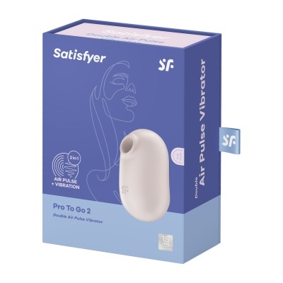 Embalagem azul e lilás do vibrador Satisfyer Pro To Go 2 com texto e imagem do produto branco