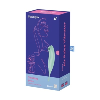 Embalagem roxa e azul para vibrador Satisfyer Twirling Pro+ com design curvo verde-claro