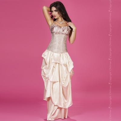 Vestido largo com corpete cinza claro e saia champanhe em fundo rosa