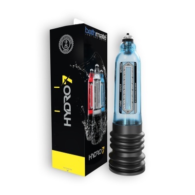 Bomba de vácuo azul translúcida com base preta e caixa preta com texto HIDRO X e Bathmate