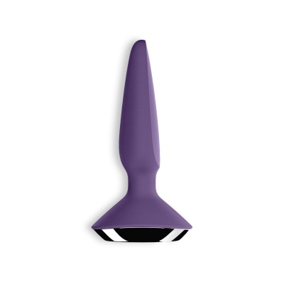 Produto cónico de silicone roxo com base preta e detalhes prateados