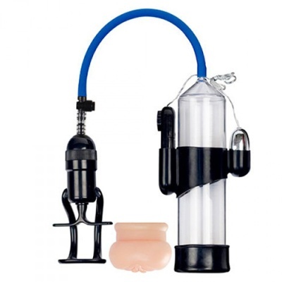 Bomba de vácuo masculina transparente com pistão e mangueira azul