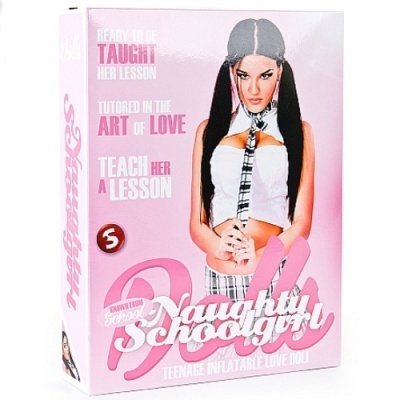 Caixa do produto Naughty Schoolgirl boneca insuflável com fotografia de rapariga jovem em roupa escolar.