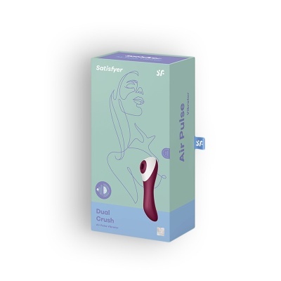 Embalagem de produto com vibrador vermelho e branco e ilustração minimalista de mulher
