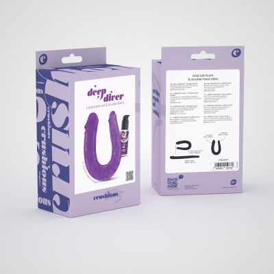 Embalaem de produto sexual com design roxo e branco mostrando um dildo em U roxo e um pequeno recipiente de lubrificante.