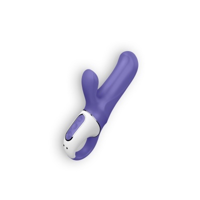 Vibrador roxo com pega branca e botões em fundo branco