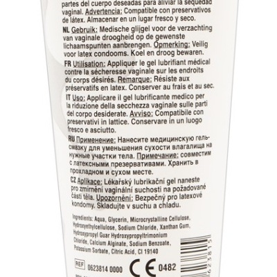 Frasco branco com texto detalhado de gel lubrificante médico em várias línguas