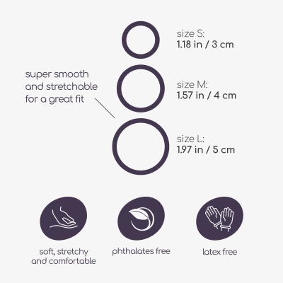 Gráfico de tamanhos S, M e L com descrição de características do produto como suave, elástico, confortável, sem ftalatos e sem látex.