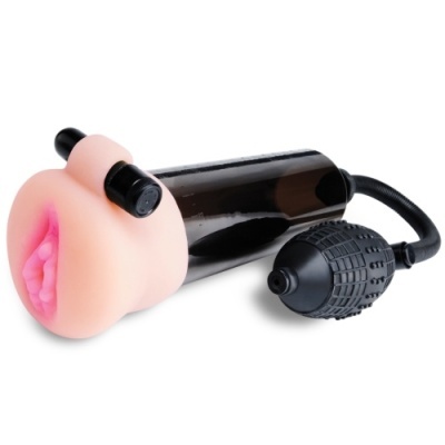 Dispositivo sexual com ponta cor de pele e bomba manual preta