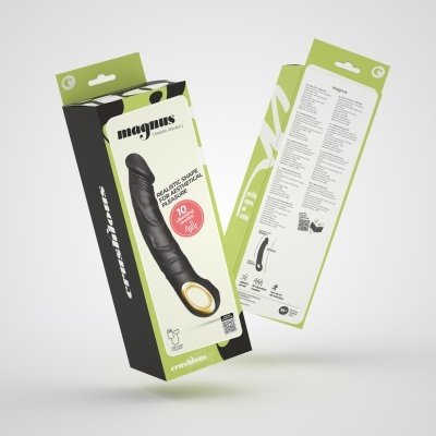 Embalagem do dildo realístico preto Magnusp com detalhes verdes e texto destacando 10 modos de vibração.