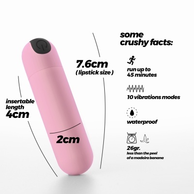 Vibrador rosa pequeno com medidas e características técnicas em texto preto