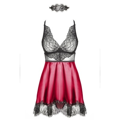 Vestido de noite feminino em renda preta e cetim vermelho com faixa de cabelo em renda preta