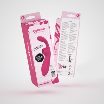 Caixa rosa de vibrador vaginal e clitoriano com texto e instruções.