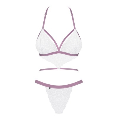 Conjunto de lingerie rendado branco com bordas lilás, sutiã e calcinha