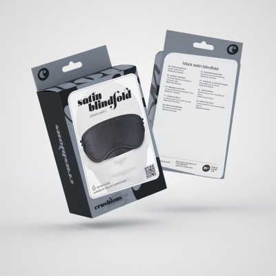 Máscara de olhos preta de cetim em embalagem com texto satin blindfold