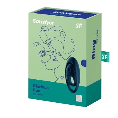 Embalagem verde e azul de Vibrador Ring Satisfyer Glorious Duo com ilustração de rosto em linha contínua