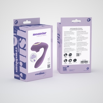 Embalagem lilás do vibrador recarregável Moonsitar da Svakom com texto em inglês