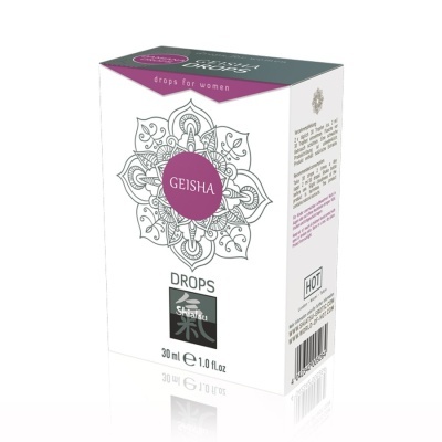Embalagem branca com design mandala roxo e texto GEISHA DROPS de 30 ml