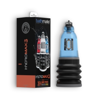 Produto com base preta e corpo azul ao lado de embalagem preta com texto e imagens.