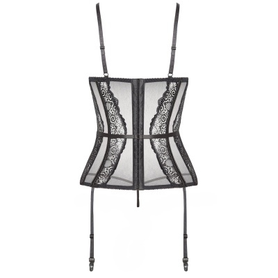 Corpete preto de renda com alças e ligas ajustáveis