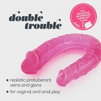 Brinquedo sexual duplo rosa translúcido com veias realísticas e selo de lubrificante