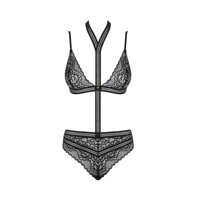 Conjunto de lingerie preta em renda com padrões florais