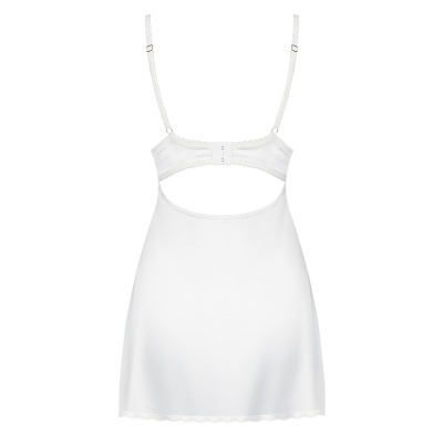 Vestido curto branco com alças finas ajustáveis e abertura nas costas.