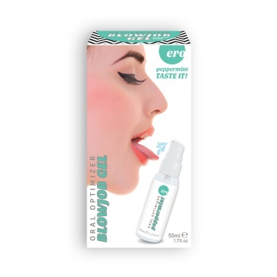 Embalagem de gel oral para otimização, com imagem de mulher mostrando a língua e frasco do produto