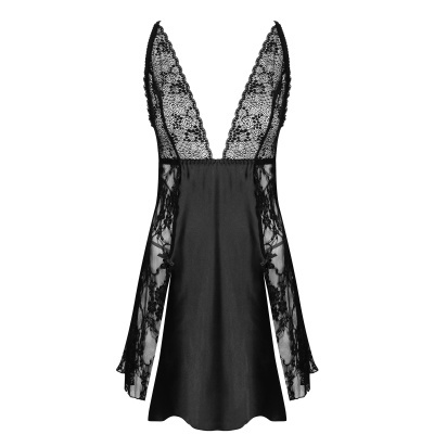 Camisola preta de lingerie com renda e decote em V