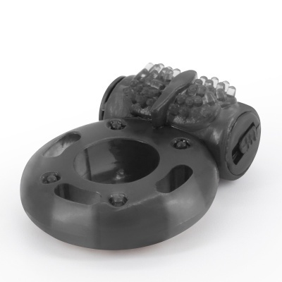 Anel preto de silicone com texturas e rodas translúcidas em fundo branco