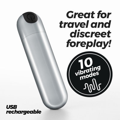 Dispositivo vibratório prateado com botão preto e texto descritivo em inglês