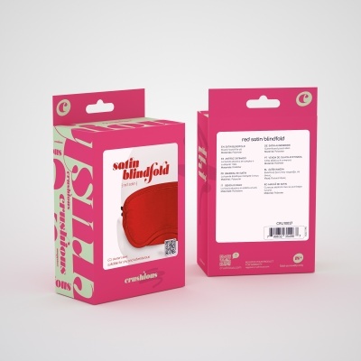 Máscara de cetim vermelha em embalagem rosa e branca com texto Satin blindfold