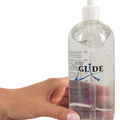 Frasco transparente de gel lubrificante médico Just Glide com bomba branca