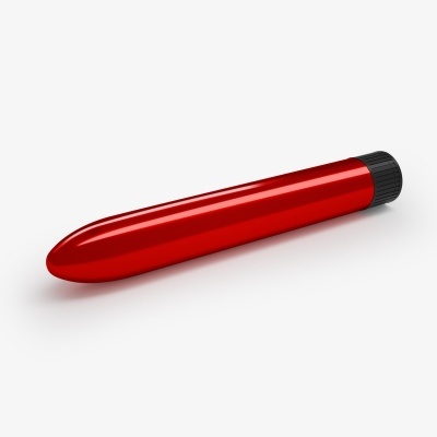 Vibrador vermelho com base preta sobre fundo branco