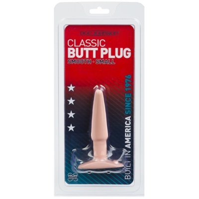 Plug anal pequeno e liso em blister com texto vermelho e azul