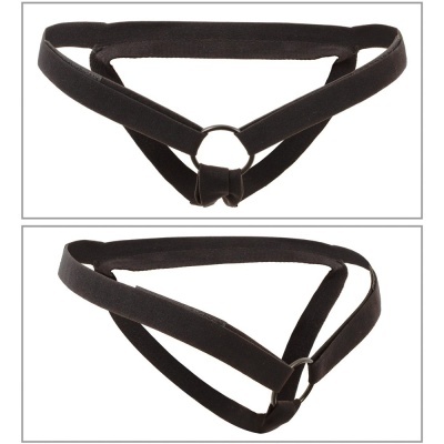 Roupa interior preta com anel metálico central em fundo branco