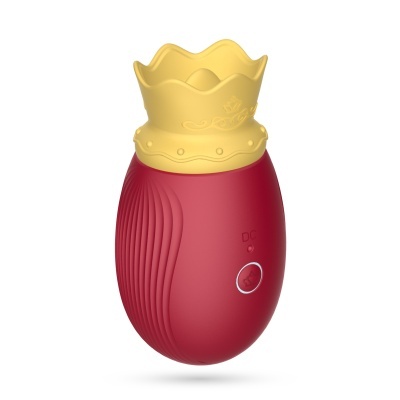 Dispositivo vibratório oval vermelho com coroa amarela e botão branco