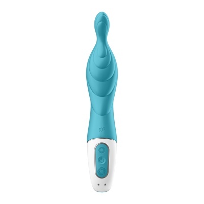 Vibrador azul com botões brancos e formato curvado