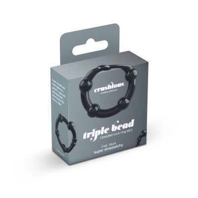 Embalagem de anel preto com três esferas e texto em branco