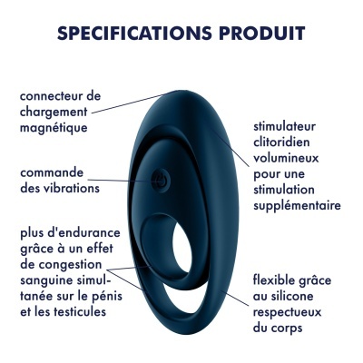 anel vibratório azul escuro com descrições em francês sobre fundo branco